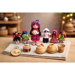 Handcrafted Peruvian Folk Art Dolls & Miniature Souvenirs 13 Pieces